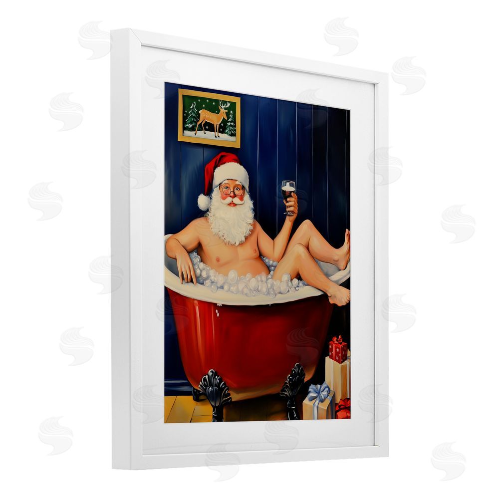 Arlington Prints Joyful Bathtub Santa White Framed Print Under Glass with Mat Wall Art