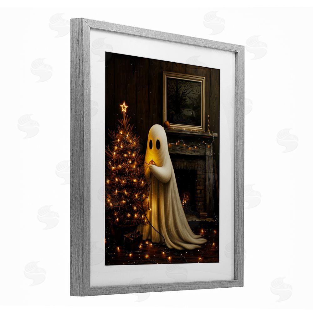 Arlington Prints Christmas Ghost Hanging Lights Gray Framed Print Under Glass with White Mat Wall Art