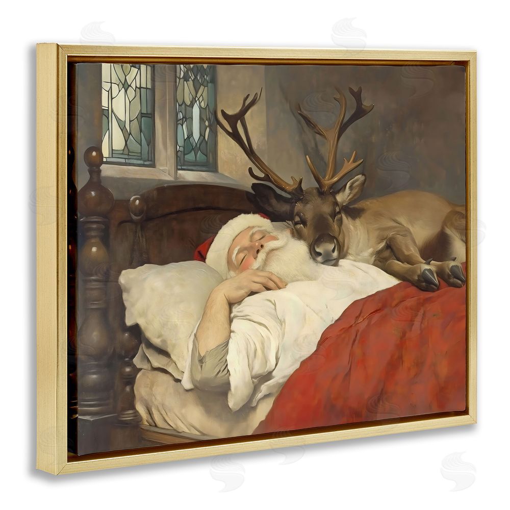 Arlington Prints Goodnight Santa & Reindeer Gold Floating Frame Canvas Wall Art Print