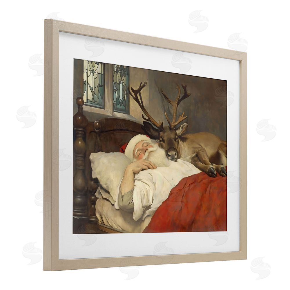 Arlington Prints Goodnight Santa & Reindeer Birch Framed Print Under Glass with White Mat Wall Art