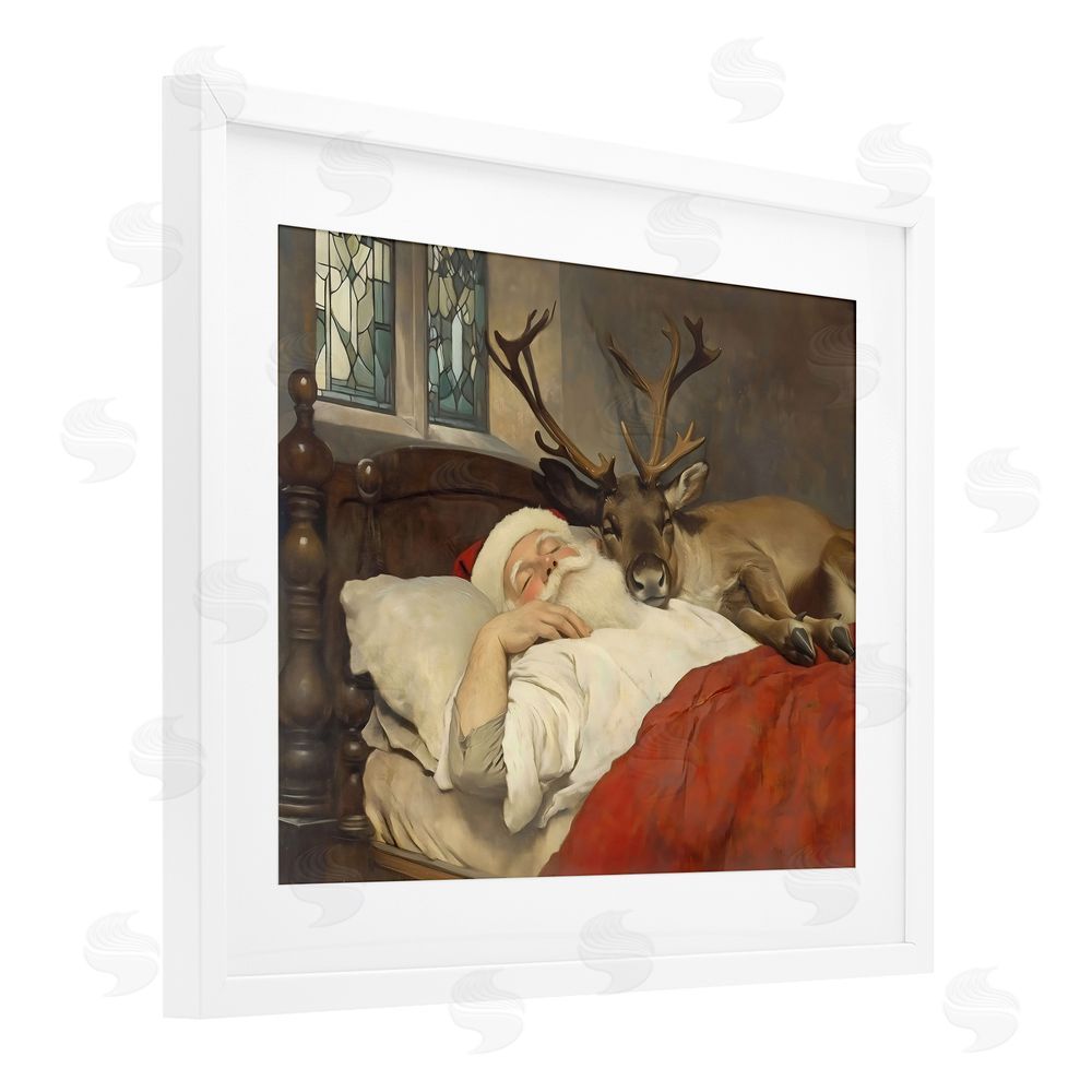 Arlington Prints Goodnight Santa & Reindeer White Framed Print Under Glass with Mat Wall Art