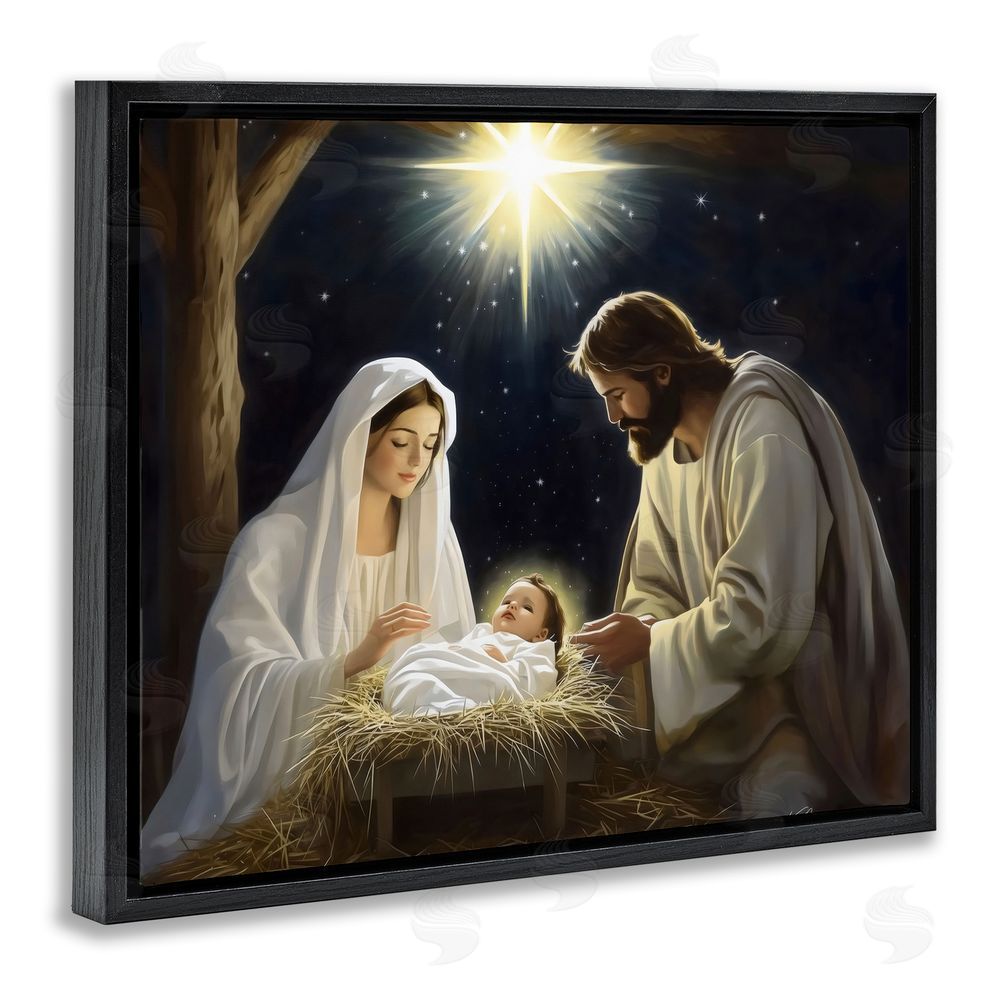 Arlington Prints Peaceful Night Nativity Scene Black Floating Frame Canvas Wall Art Print