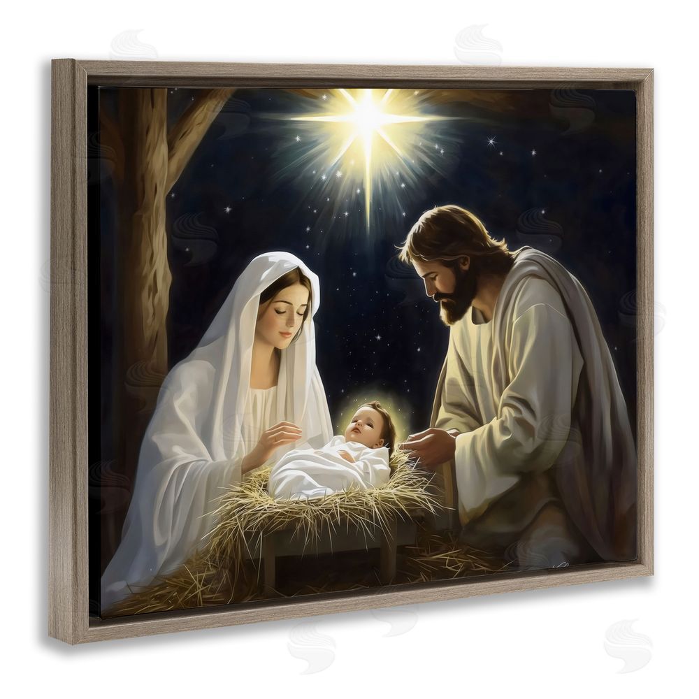 Arlington Prints Peaceful Night Nativity Scene Brown Floating Frame Canvas Wall Art Print