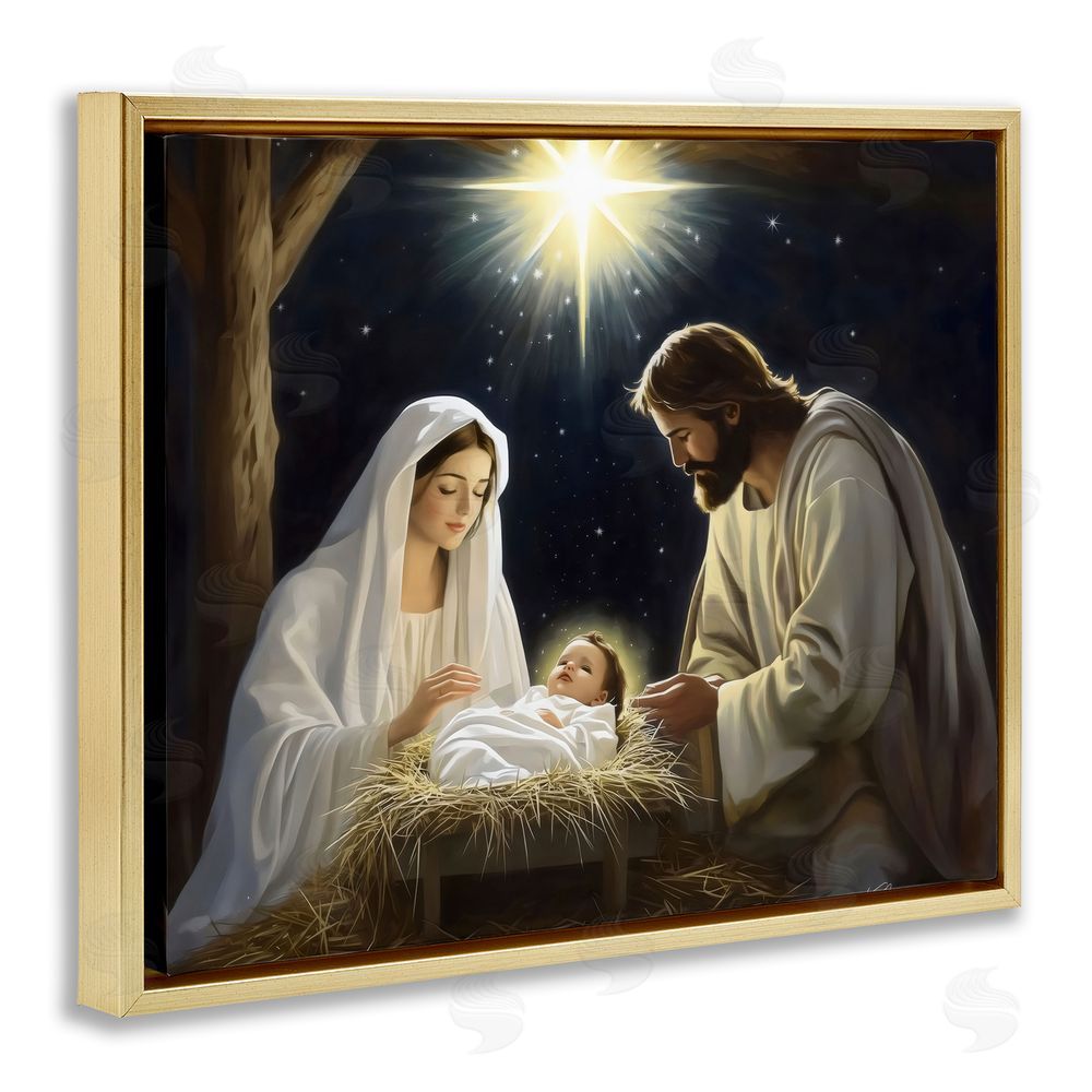 Arlington Prints Peaceful Night Nativity Scene Gold Floating Frame Canvas Wall Art Print