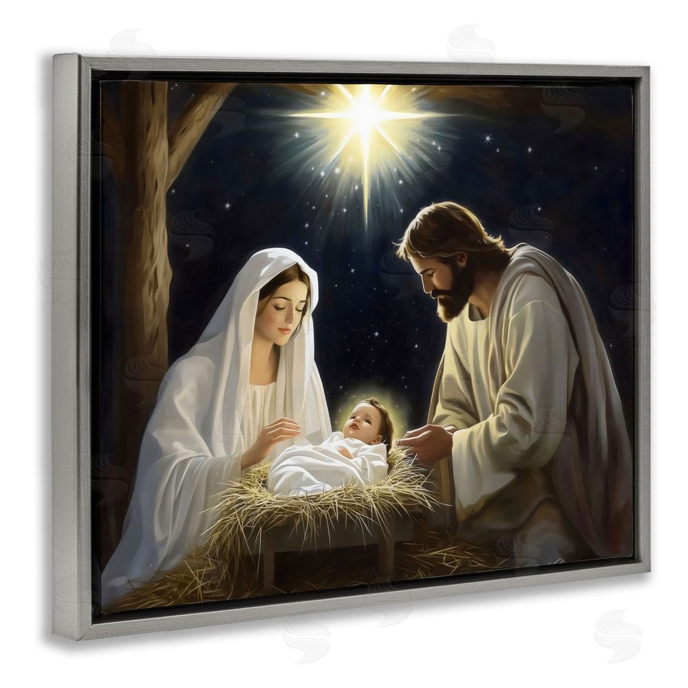Arlington Prints Peaceful Night Nativity Scene Gray Floating Frame Canvas Wall Art Print