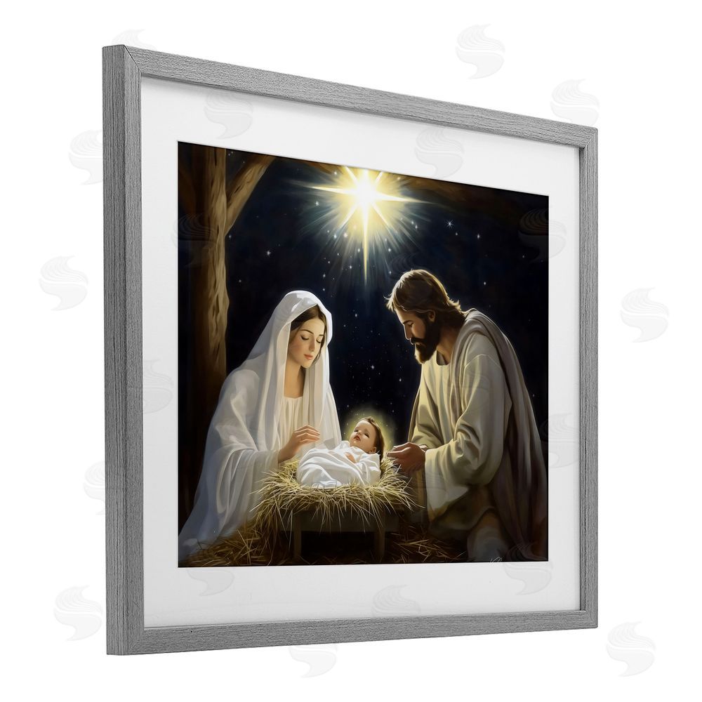 Arlington Prints Peaceful Night Nativity Scene Gray Framed Print Under Glass with White Mat Wall Art