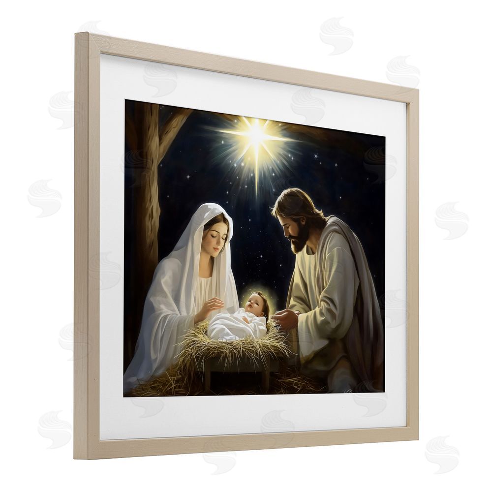 Arlington Prints Peaceful Night Nativity Scene Birch Framed Print Under Glass with White Mat Wall Art