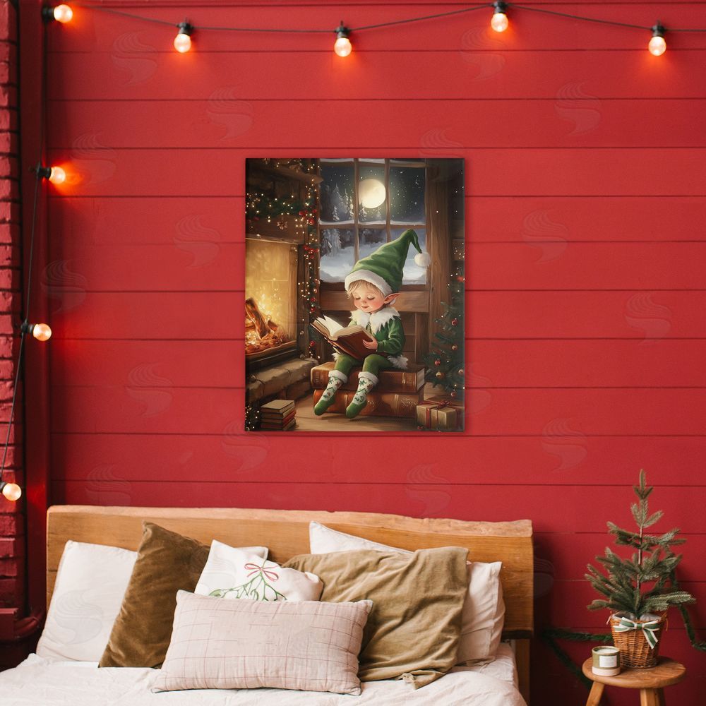 Arlington Prints Reading Elf by Fireplace Canvas Art on Wall