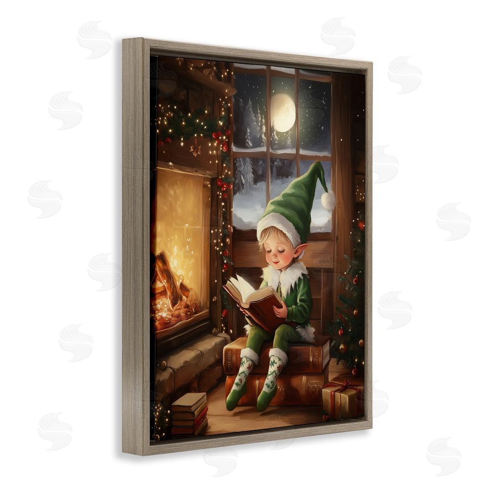 Arlington Prints Reading Elf by Fireplace Brown Floating Frame Canvas Wall Art Print
