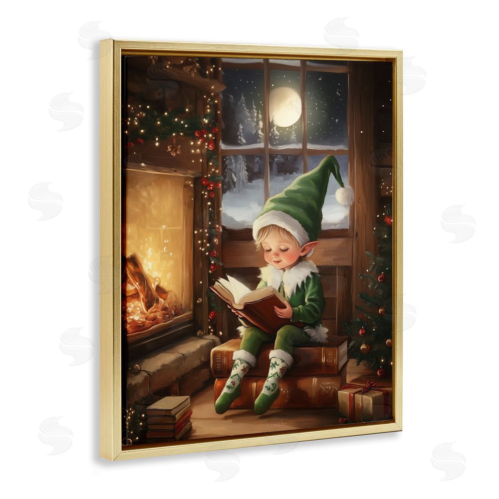 Arlington Prints Reading Elf by Fireplace Gold Floating Frame Canvas Wall Art Print