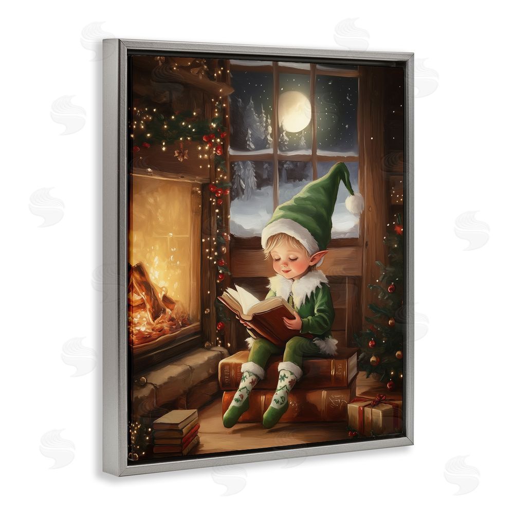 Arlington Prints Reading Elf by Fireplace Gray Floating Frame Canvas Wall Art Print