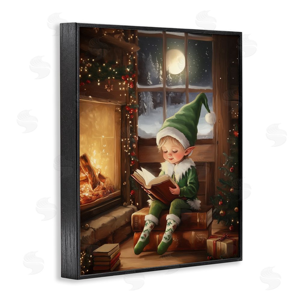 Arlington Prints Reading Elf by Fireplace Black Framed Giclee Wall Art Print