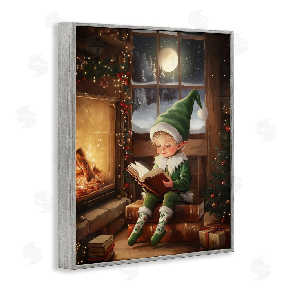 Arlington Prints Reading Elf by Fireplace Gray Framed Giclee Wall Art Print