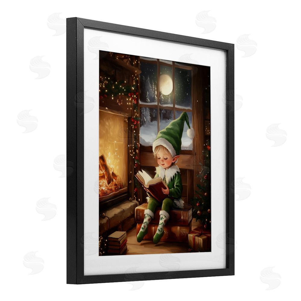 Arlington Prints Reading Elf by Fireplace Black Framed Print Under Glass with White Mat Wall Art