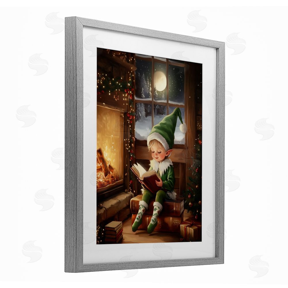 Arlington Prints Reading Elf by Fireplace Gray Framed Print Under Glass with White Mat Wall Art