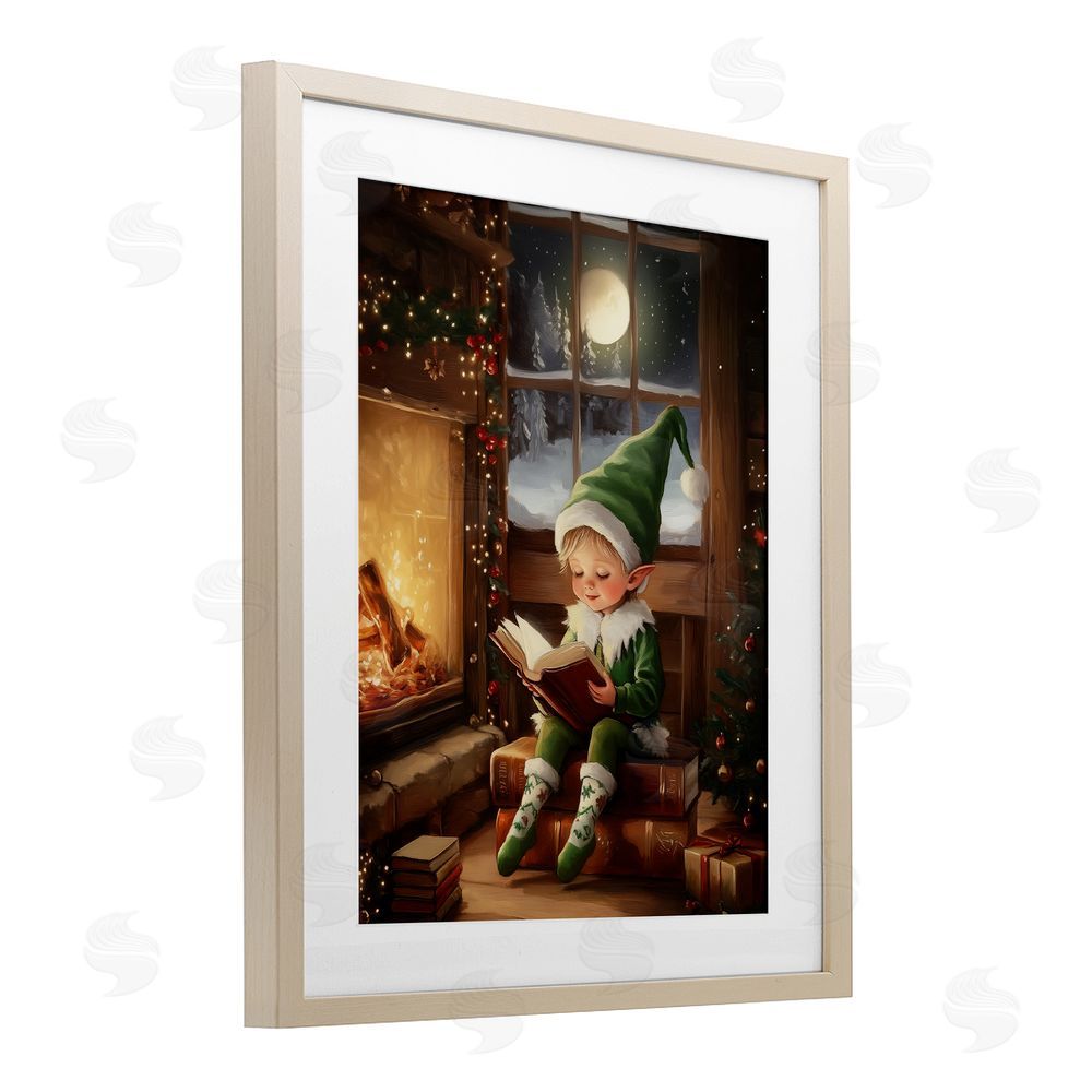 Arlington Prints Reading Elf by Fireplace Birch Framed Print Under Glass with White Mat Wall Art