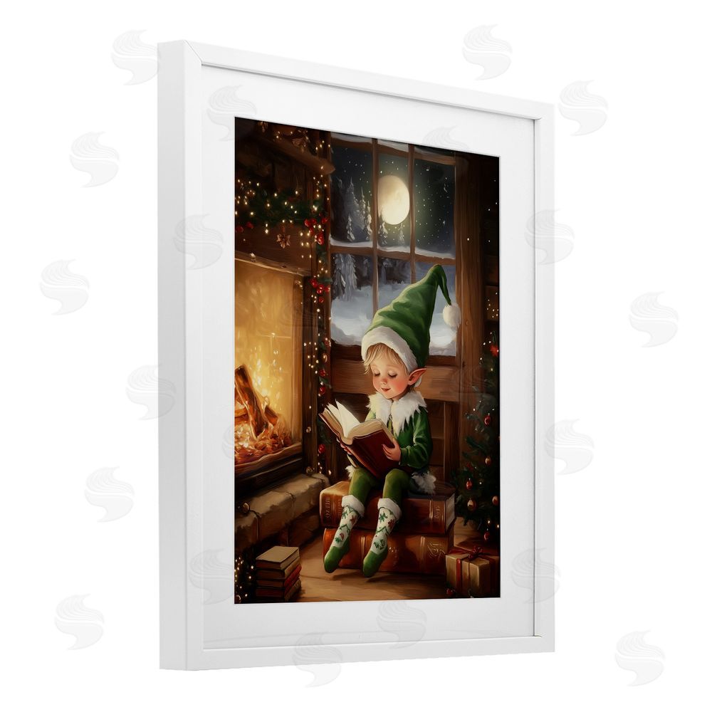 Arlington Prints Reading Elf by Fireplace White Framed Print Under Glass with Mat Wall Art