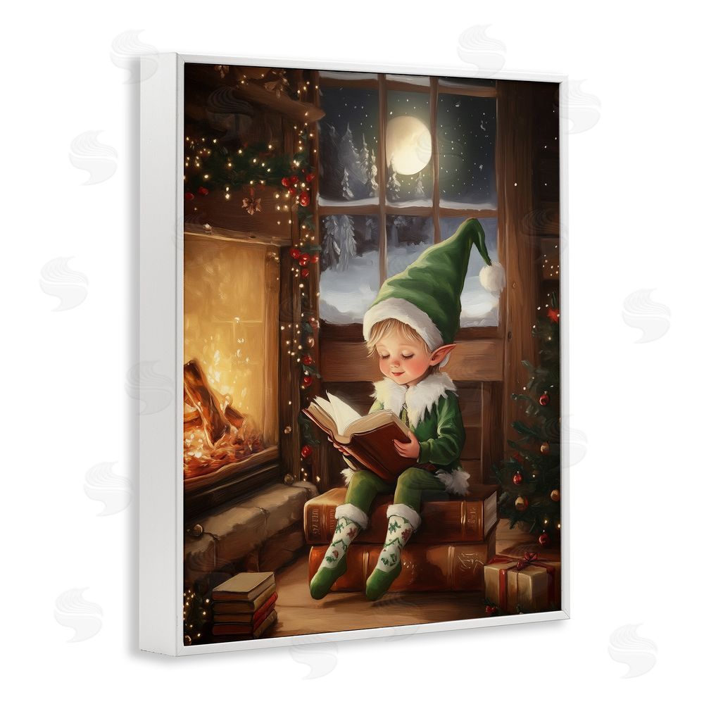 Arlington Prints Reading Elf by Fireplace White Framed Giclee Wall Art Print