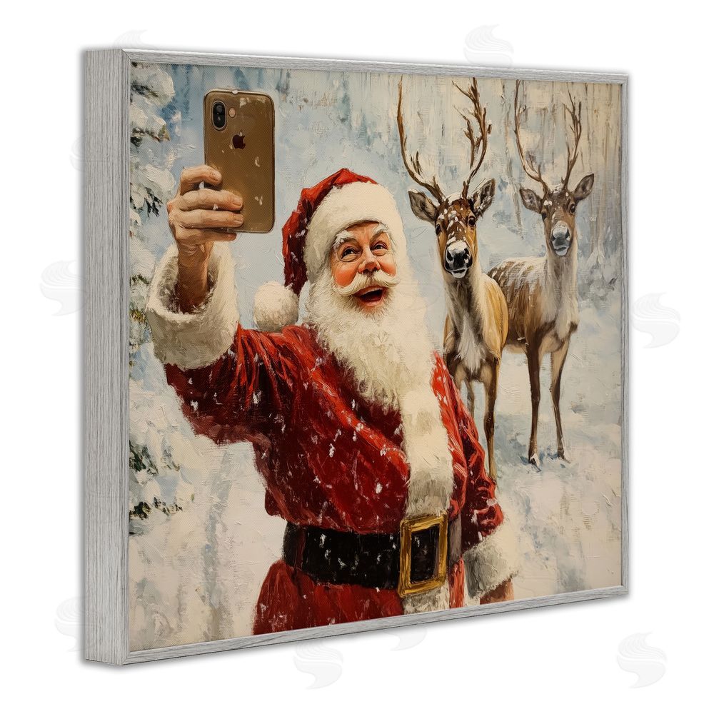 Arlington Prints Santa Selfie with Reindeer Gray Framed Giclee Wall Art Print