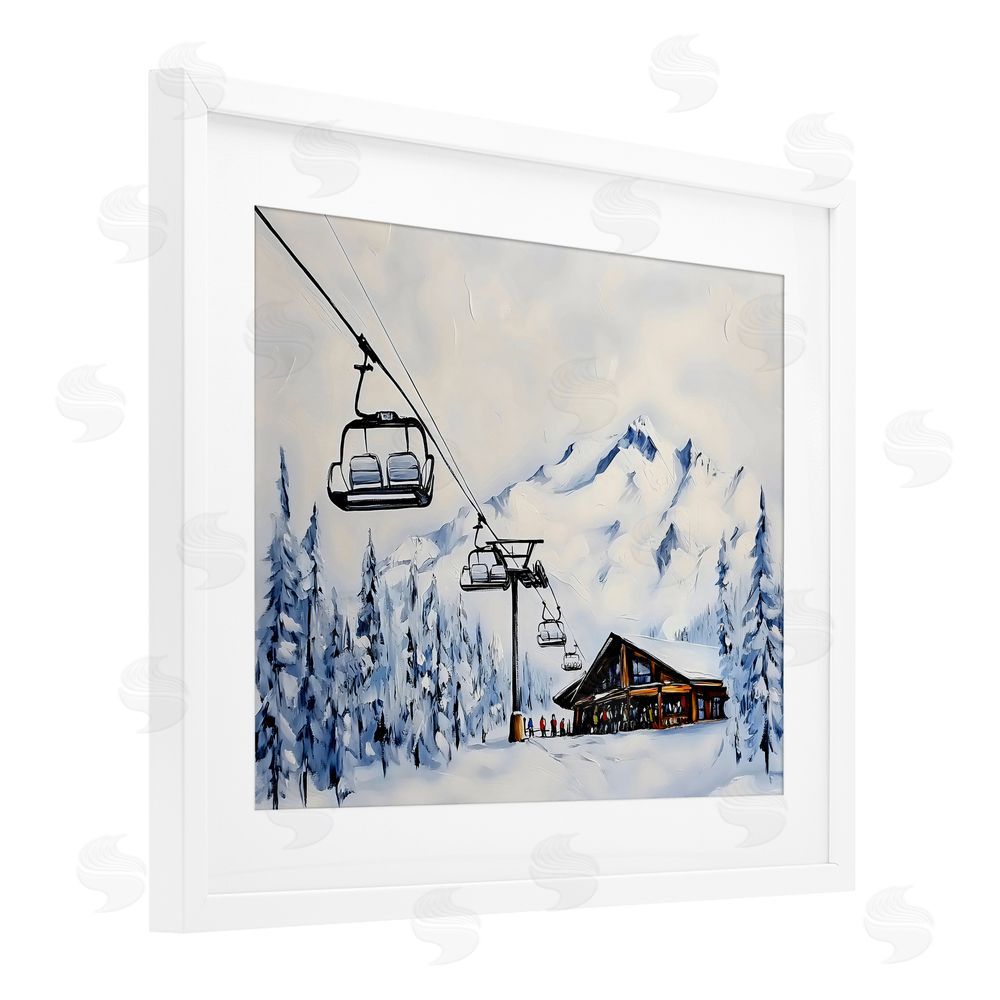 Arlington Prints Winter Ski Lift Cabin White Framed Print Under Glass with Mat Wall Art