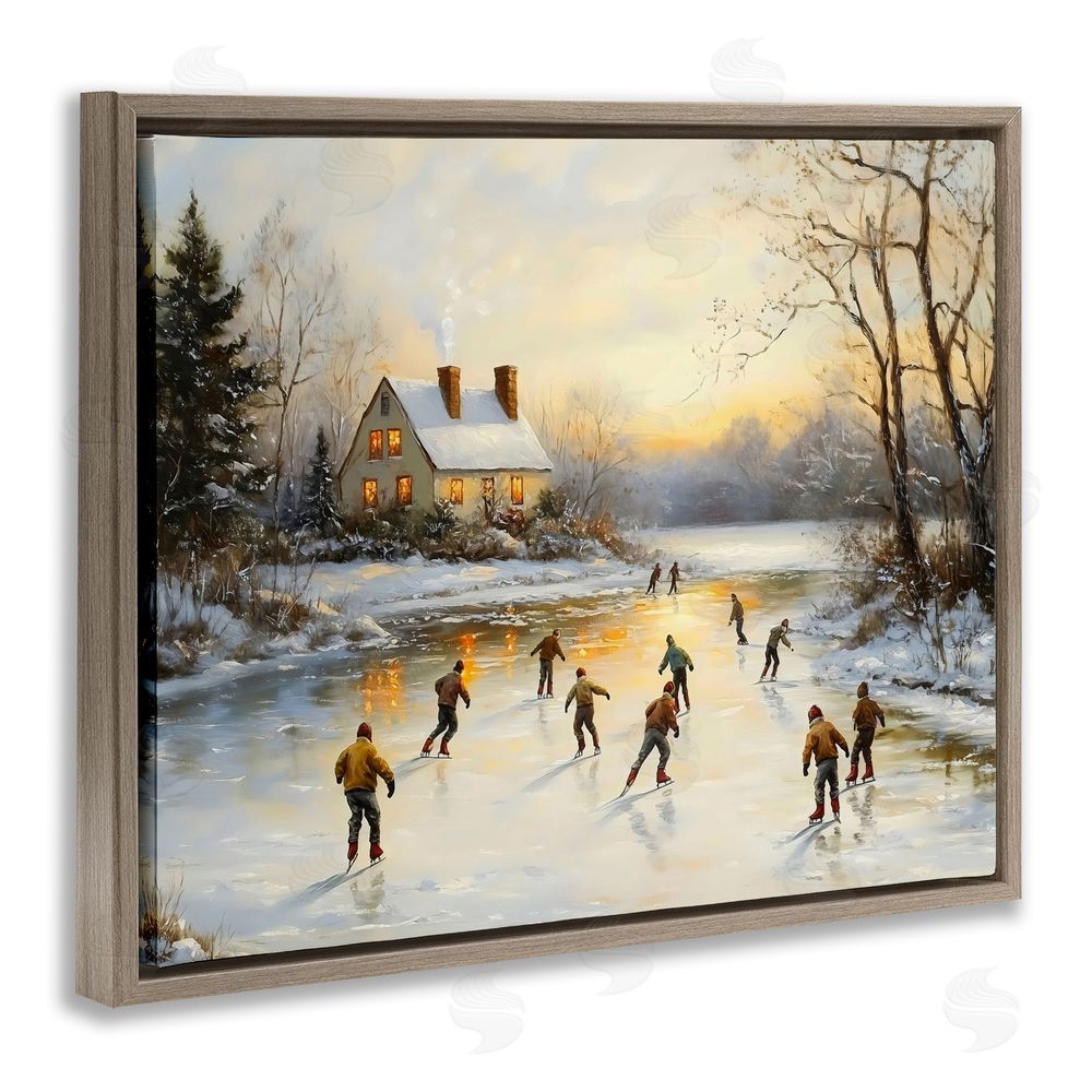 Arlington Prints Vintage Winter Ice Skaters Brown Floating Frame Canvas Wall Art Print