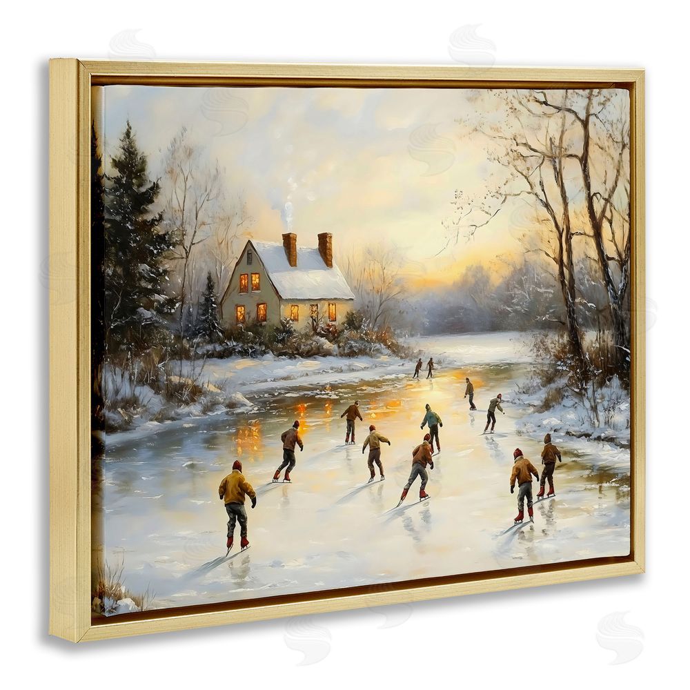 Arlington Prints Vintage Winter Ice Skaters Gold Floating Frame Canvas Wall Art Print