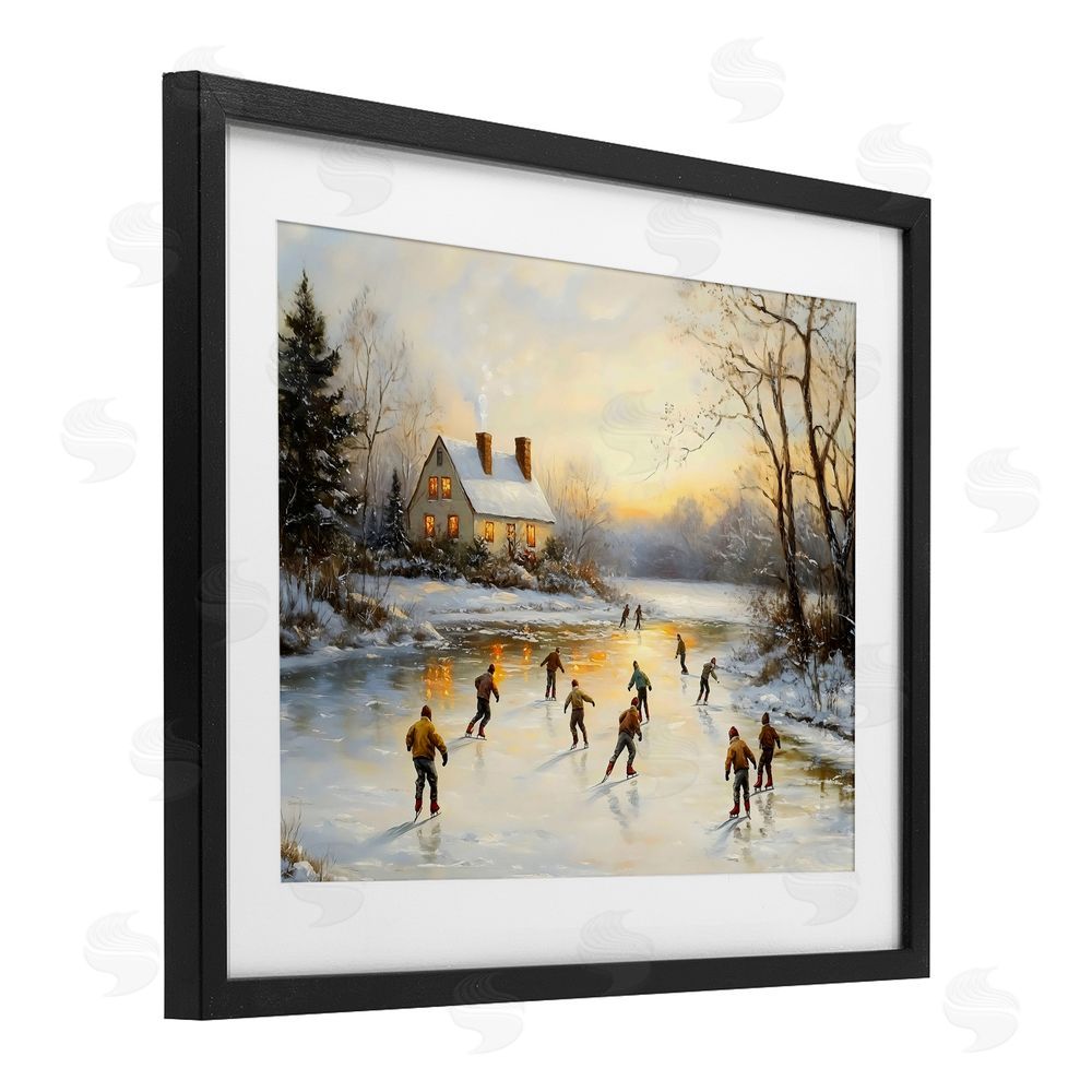 Arlington Prints Vintage Winter Ice Skaters Black Framed Print Under Glass with White Mat Wall Art
