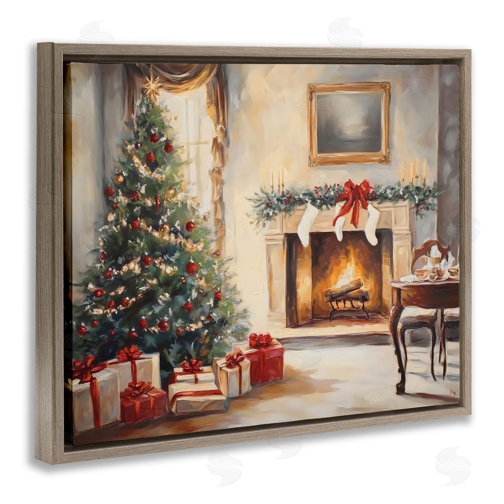 Arlington Prints Vintage Christmas Tree Hearth Brown Floating Frame Canvas Wall Art Print