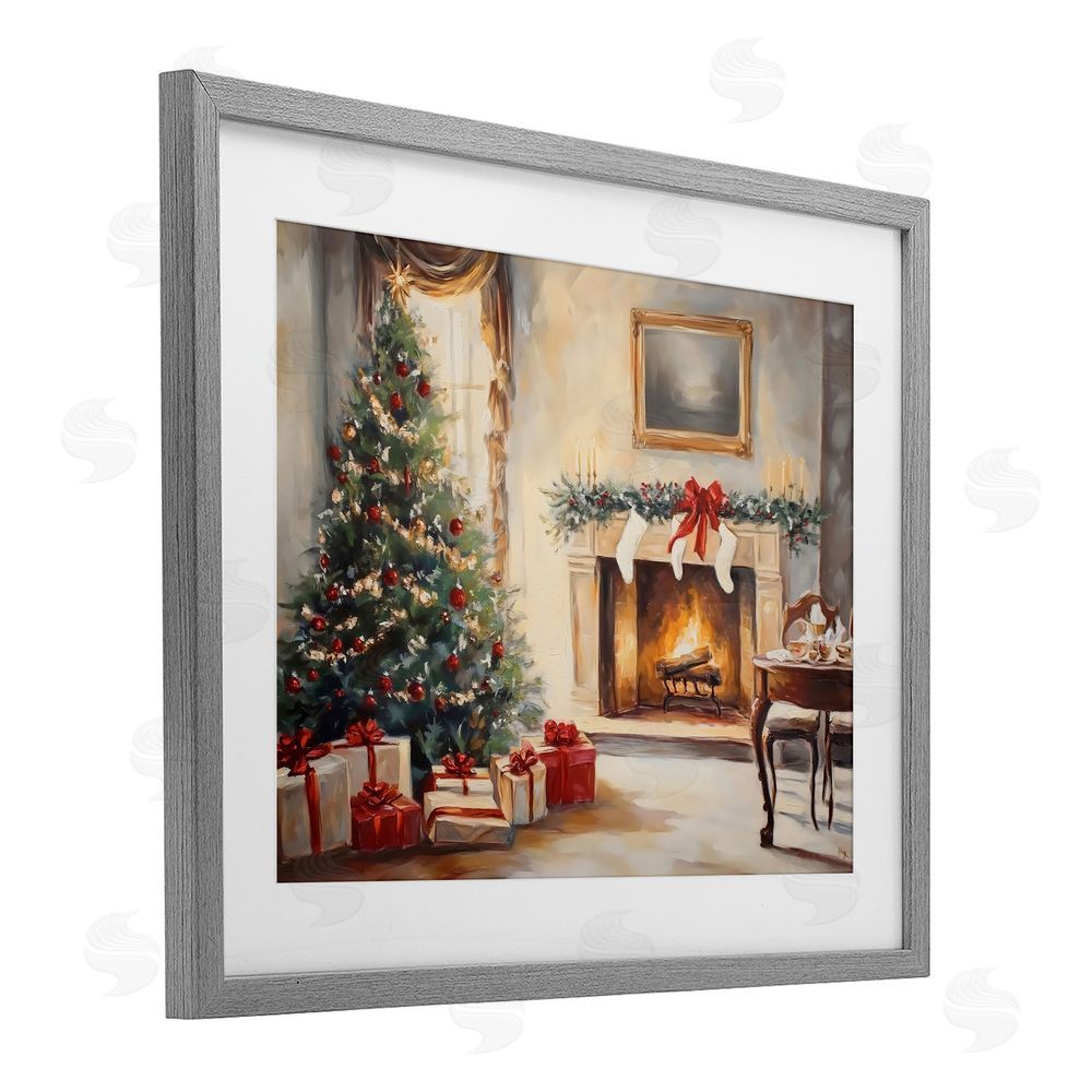 Arlington Prints Vintage Christmas Tree Hearth Gray Framed Print Under Glass with White Mat Wall Art