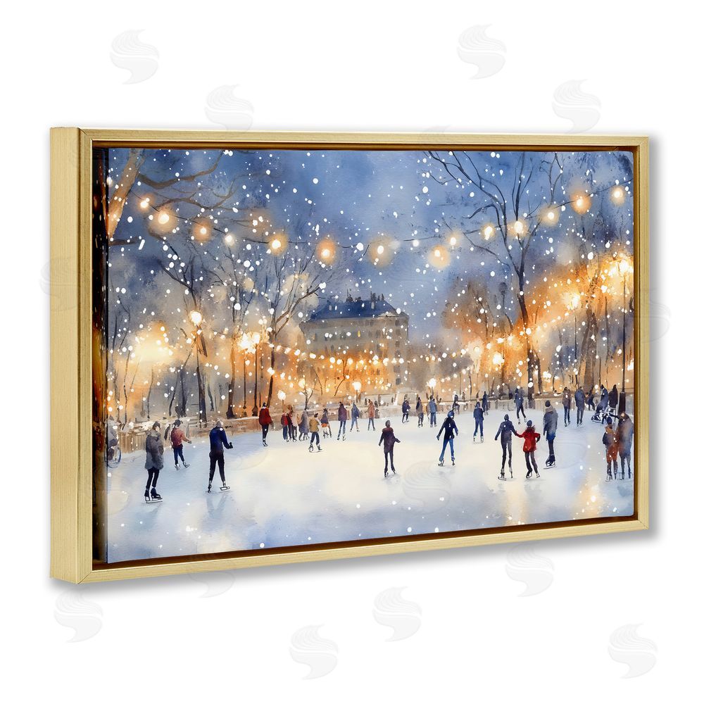 Creative Studio Ice Skating Under The Lights Gold Floating Frame Canvas Wall Art Print