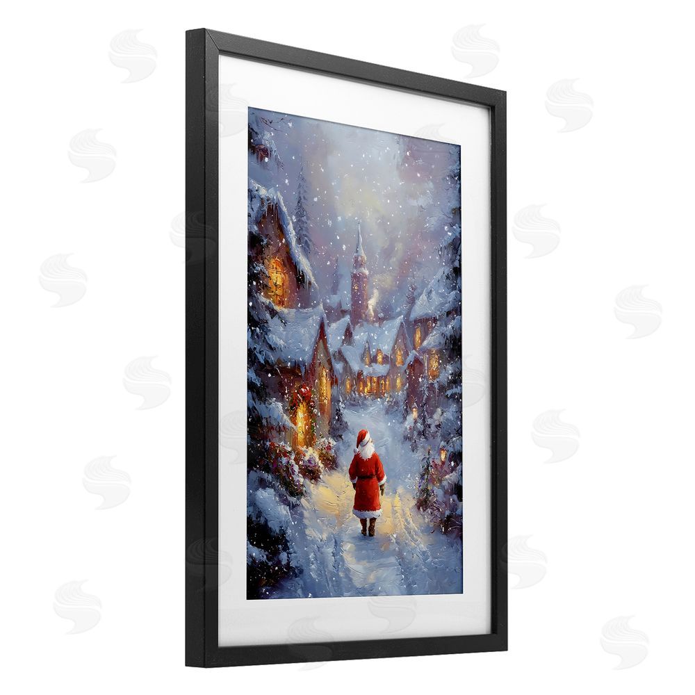 Franklyn Gregory Santa Strolling Christmas Village Black Framed Print Under Glass with White Mat Wall Art