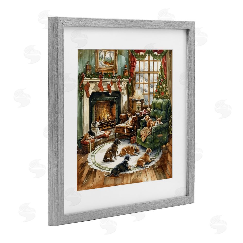 LSR Design Studio Dogs Around Christmas Fireplace Gray Framed Print Under Glass with White Mat Wall Art
