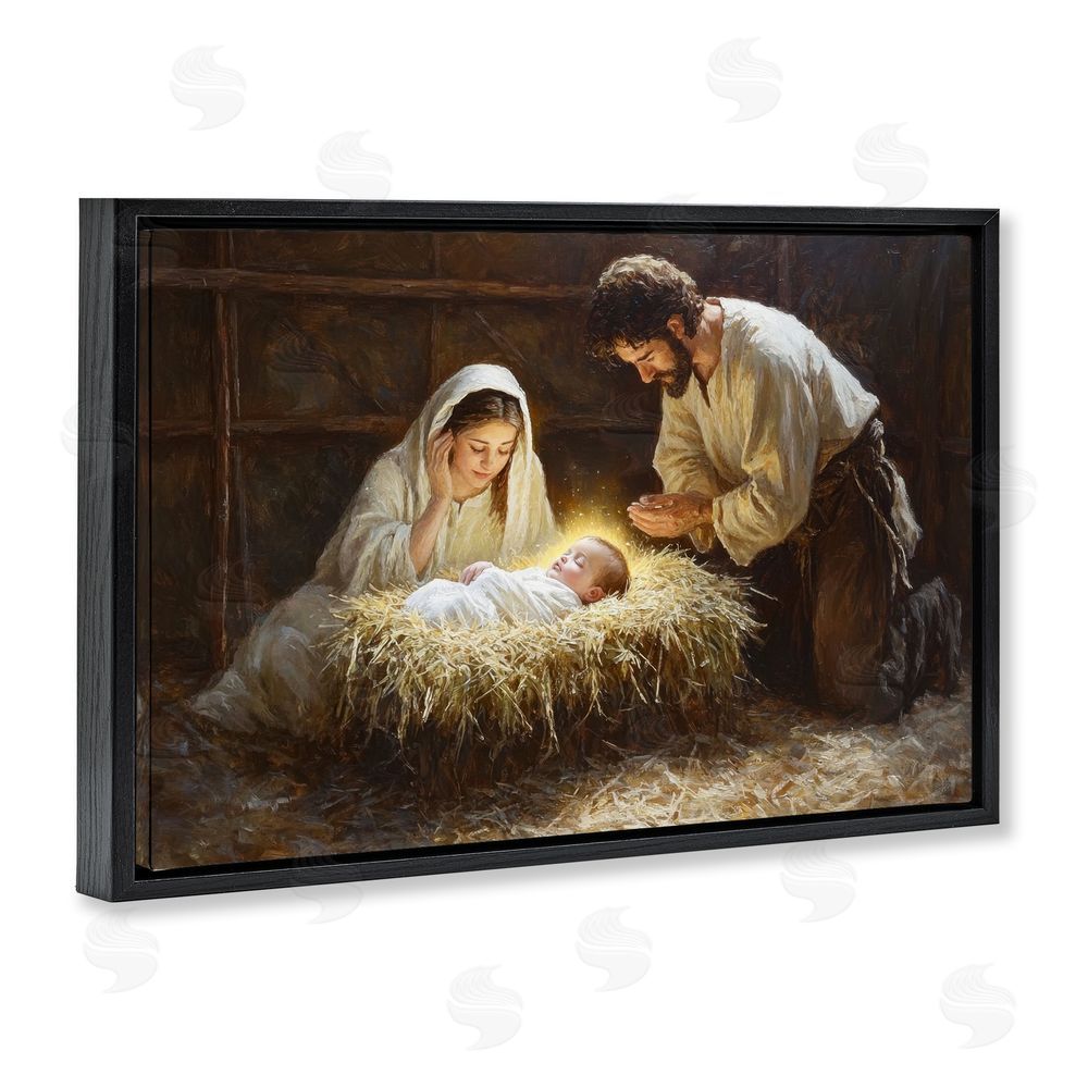 Petal Prints Design Christ Is Born Nativity Black Floating Frame Canvas Wall Art Print