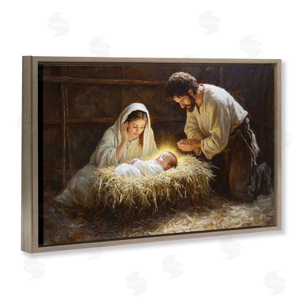 Petal Prints Design Christ Is Born Nativity Brown Floating Frame Canvas Wall Art Print