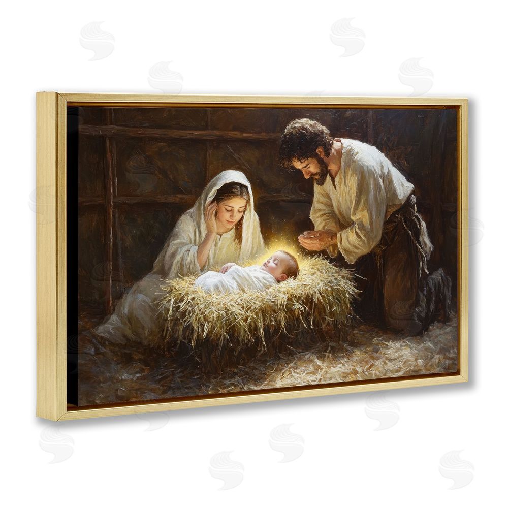 Petal Prints Design Christ Is Born Nativity Gold Floating Frame Canvas Wall Art Print