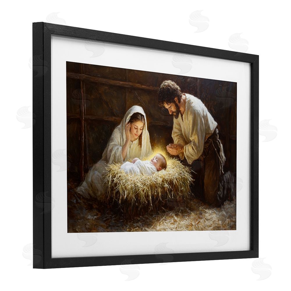 Petal Prints Design Christ Is Born Nativity Black Framed Print Under Glass with White Mat Wall Art