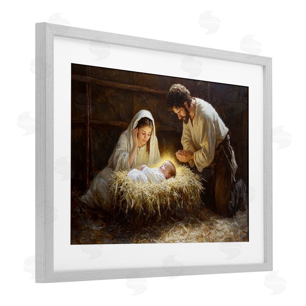 Petal Prints Design Christ Is Born Nativity Gray Framed Print Under Glass with White Mat Wall Art