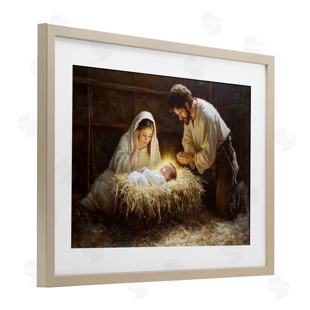 Petal Prints Design Christ Is Born Nativity Birch Framed Print Under Glass with White Mat Wall Art