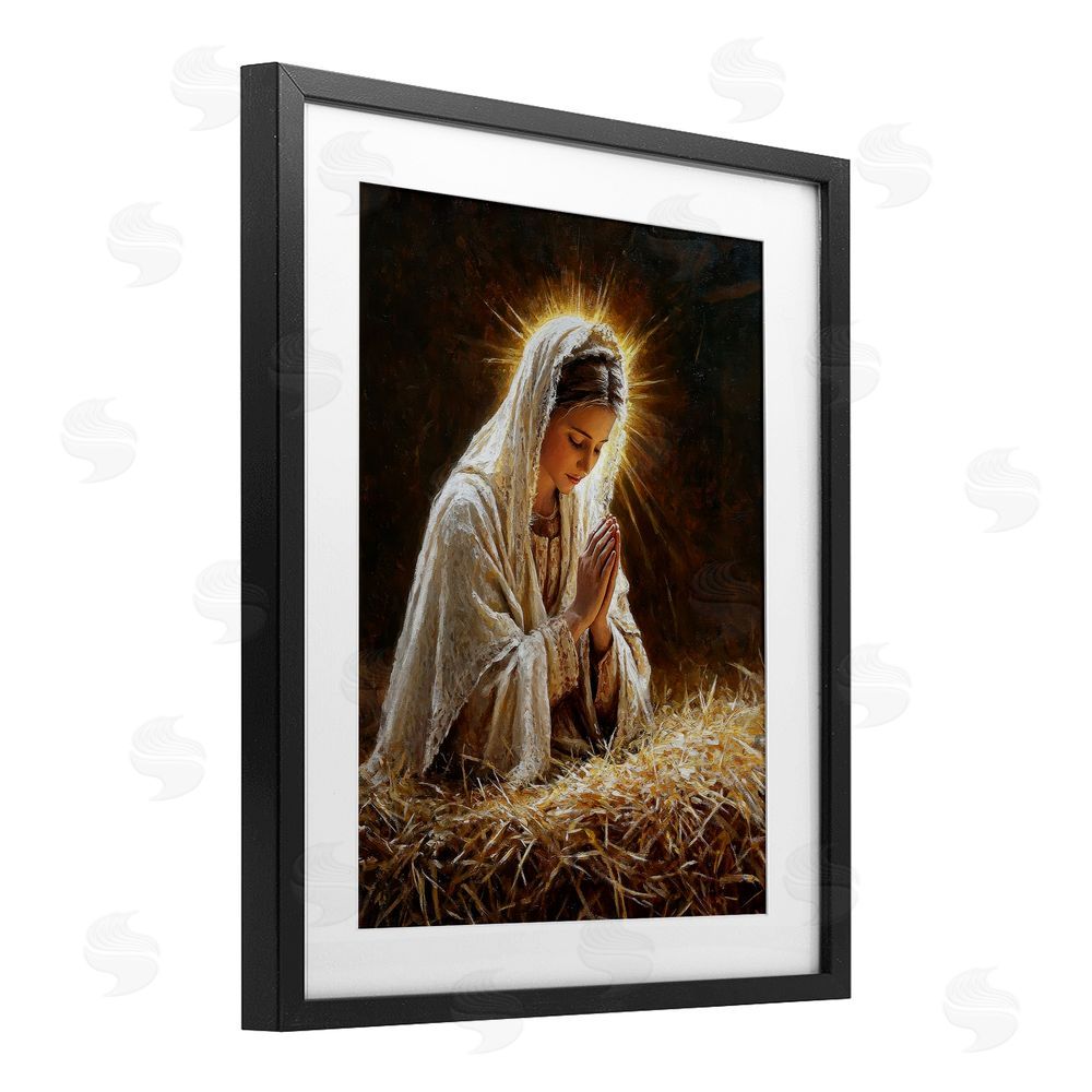 Petal Prints Design Holy Mary Prayer Black Framed Print Under Glass with White Mat Wall Art