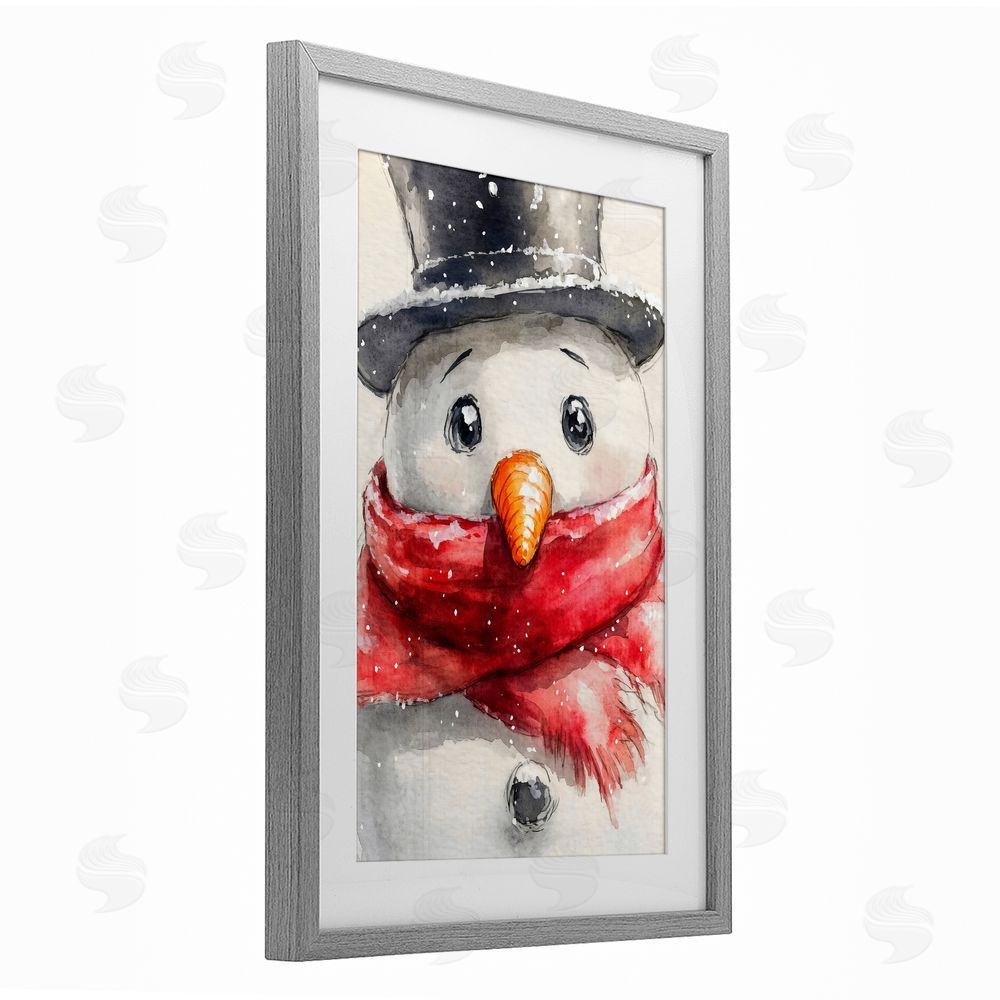 Petal Prints Design Close Up Snowman Portrait Gray Framed Print Under Glass with White Mat Wall Art
