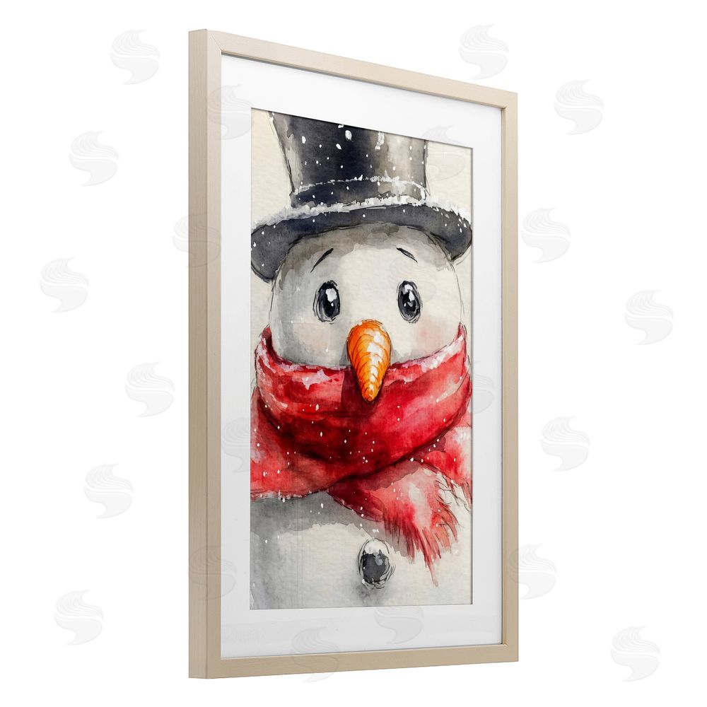 Petal Prints Design Close Up Snowman Portrait Birch Framed Print Under Glass with White Mat Wall Art