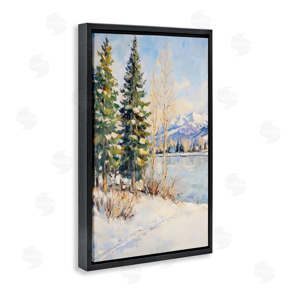 Petal Prints Design Snowy Winter Lakeside Black Floating Frame Canvas Wall Art Print