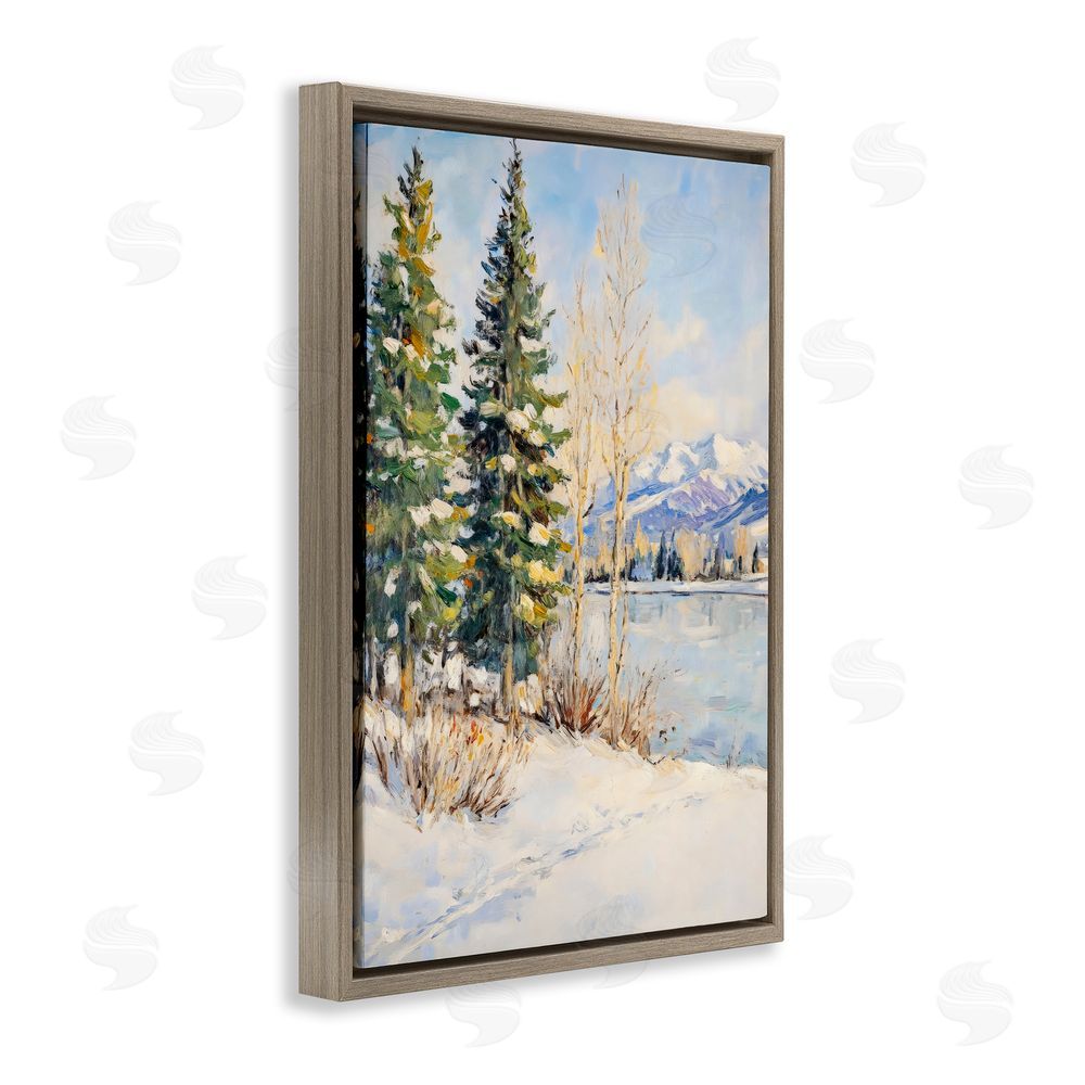 Petal Prints Design Snowy Winter Lakeside Brown Floating Frame Canvas Wall Art Print