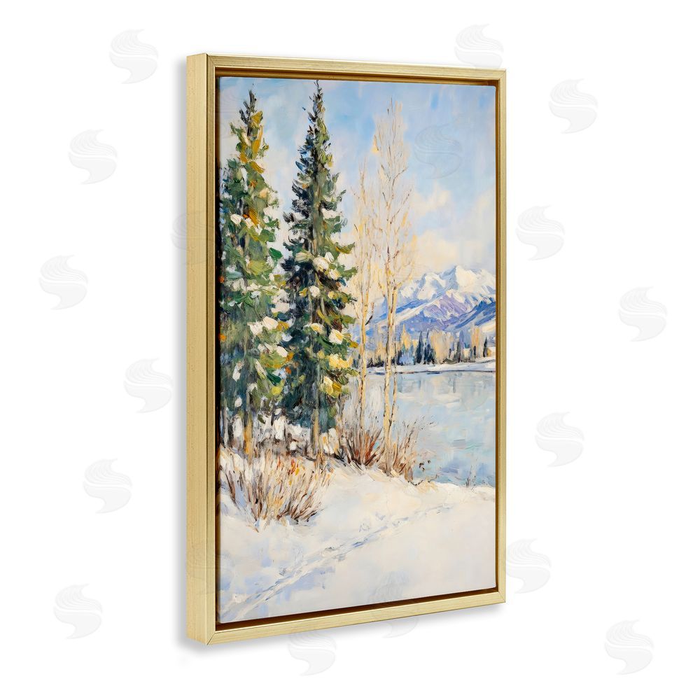 Petal Prints Design Snowy Winter Lakeside Gold Floating Frame Canvas Wall Art Print