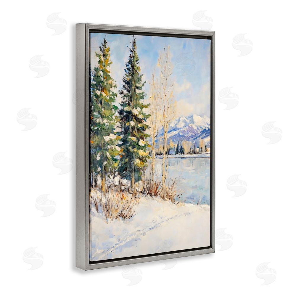 Petal Prints Design Snowy Winter Lakeside Gray Floating Frame Canvas Wall Art Print