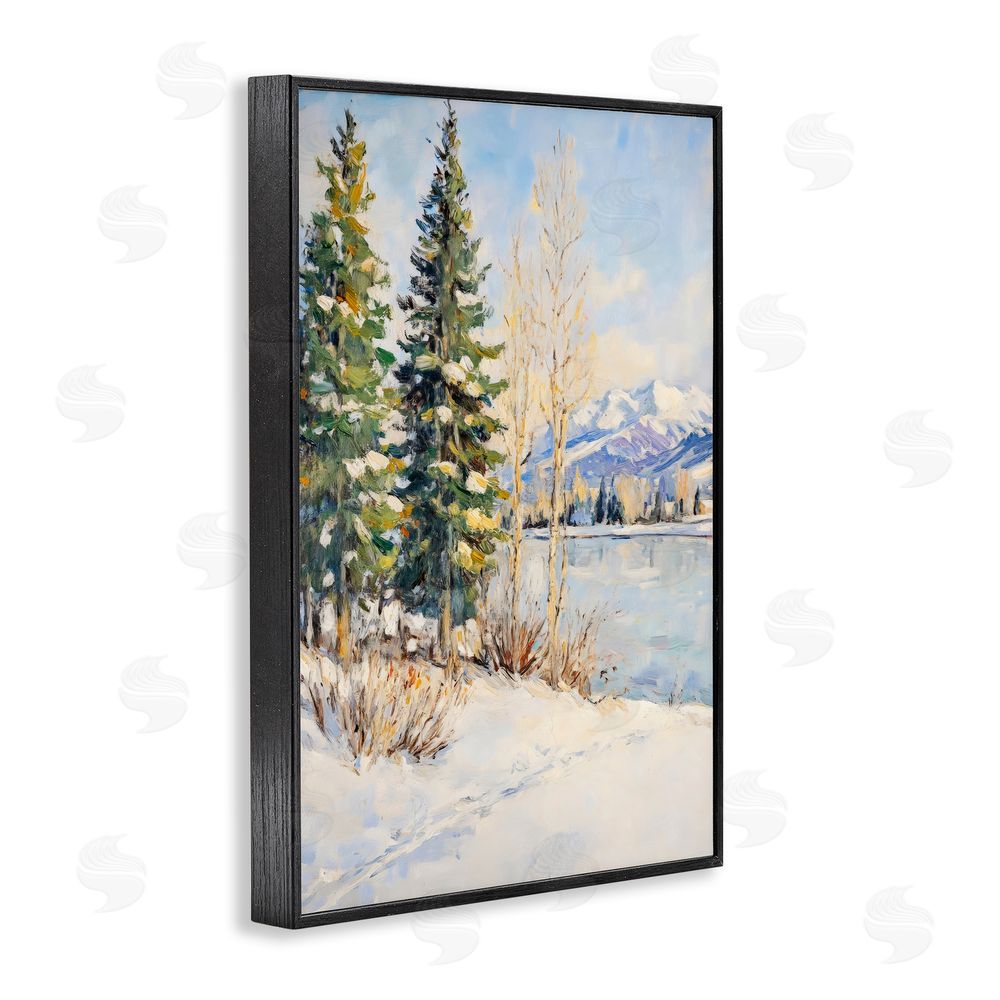 Petal Prints Design Snowy Winter Lakeside Black Framed Giclee Wall Art Print
