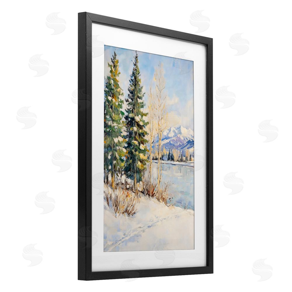 Petal Prints Design Snowy Winter Lakeside Black Framed Print Under Glass with White Mat Wall Art