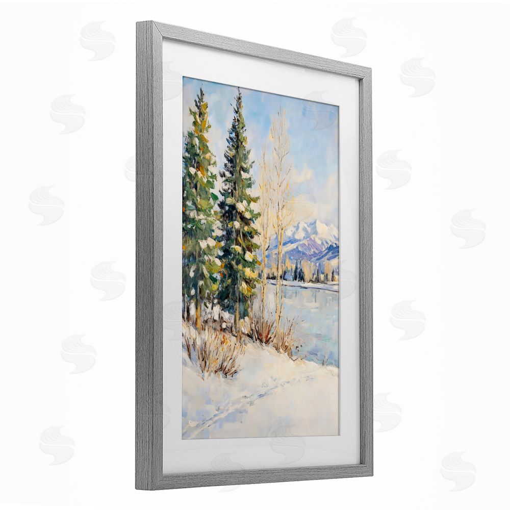 Petal Prints Design Snowy Winter Lakeside Gray Framed Print Under Glass with White Mat Wall Art
