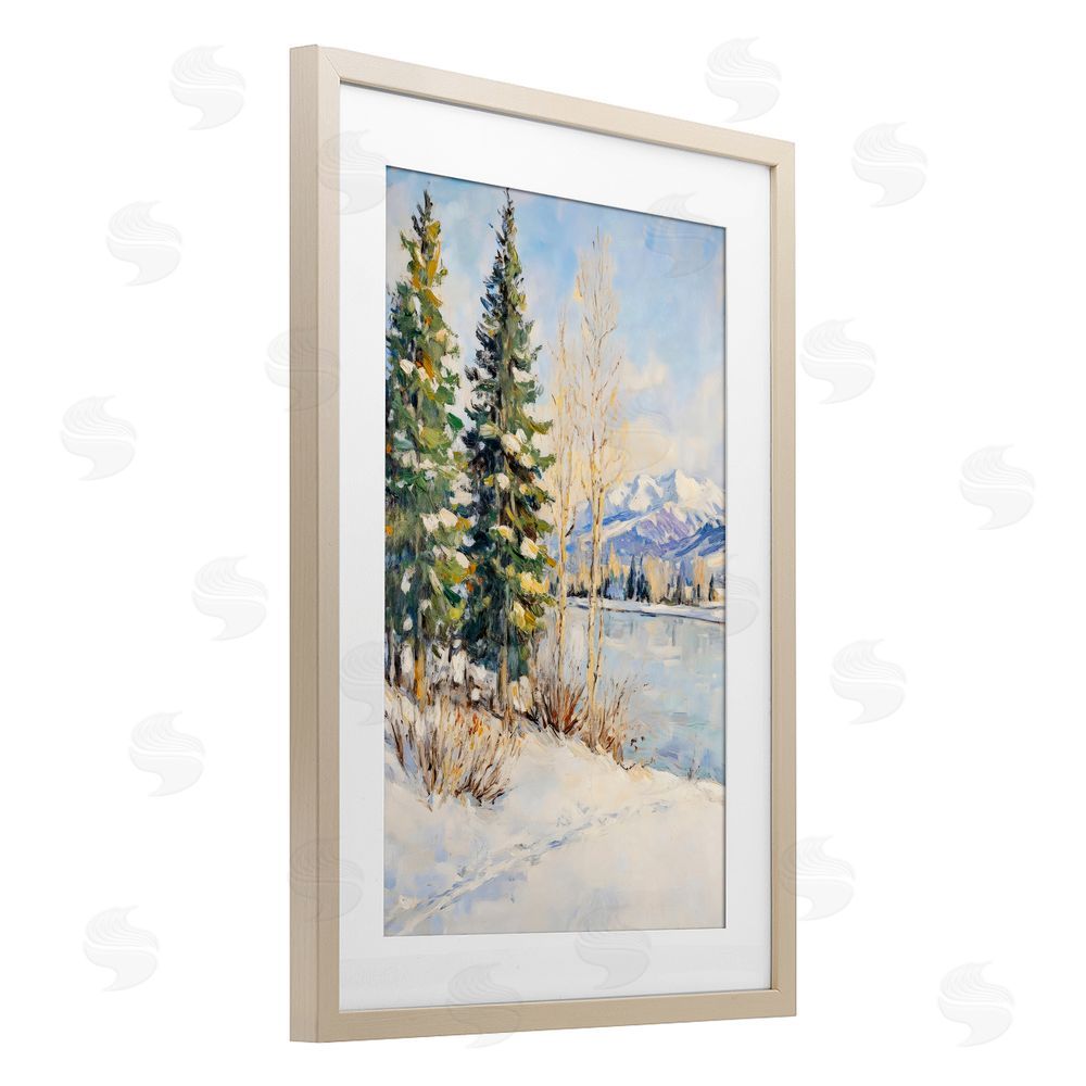 Petal Prints Design Snowy Winter Lakeside Birch Framed Print Under Glass with White Mat Wall Art