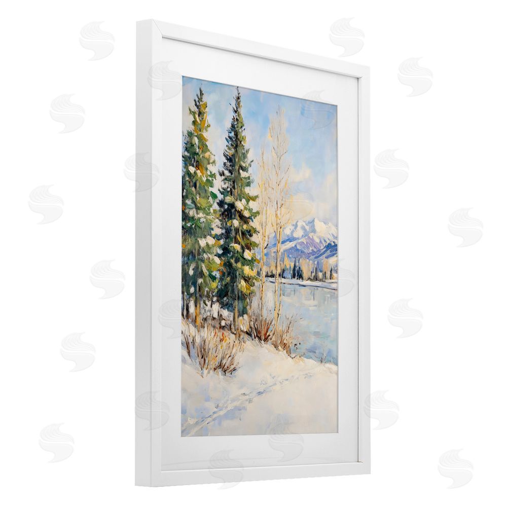 Petal Prints Design Snowy Winter Lakeside White Framed Print Under Glass with Mat Wall Art
